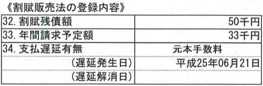 割賦販売法の登録内容の項目にも支払遅延の内容と遅延発生日が記載されます。遅延が解消した場合には、遅延解消日が載ることになります。