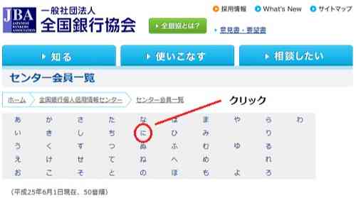 全国銀行個人信用情報センターの加盟会員を調べるページで、「に」をクリックすると・・・